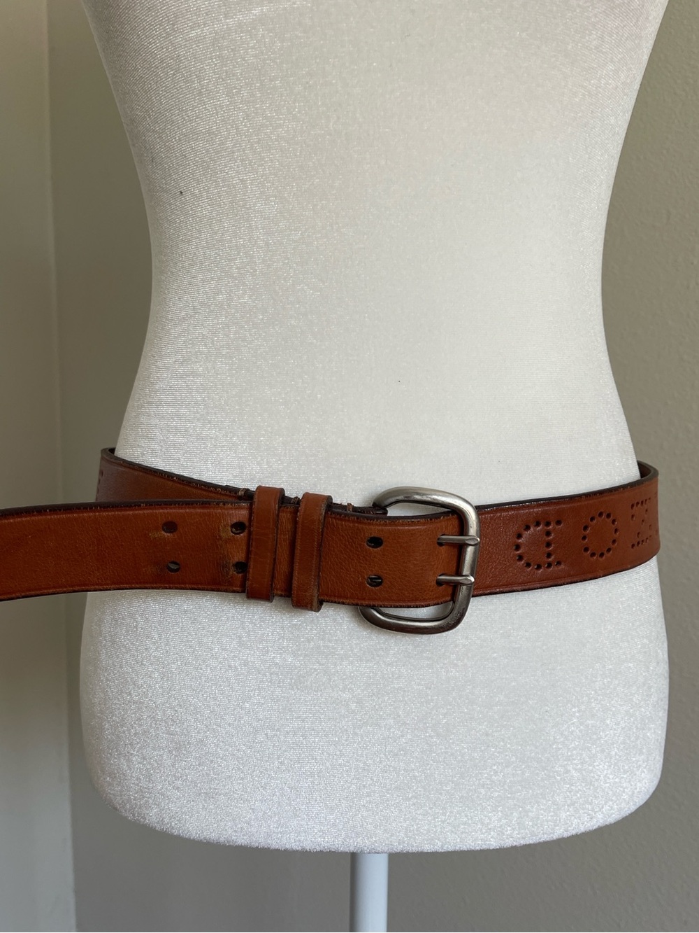 Izod Tan Brown Leather Perforated Logo Belt